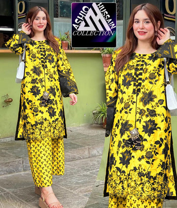 Extrenal Grace – Elegant Yellow & Blue Pink Printed Dress