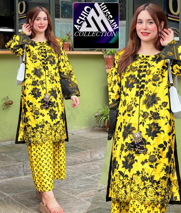 Extrenal Grace – Elegant Yellow & Blue Pink Printed Dress