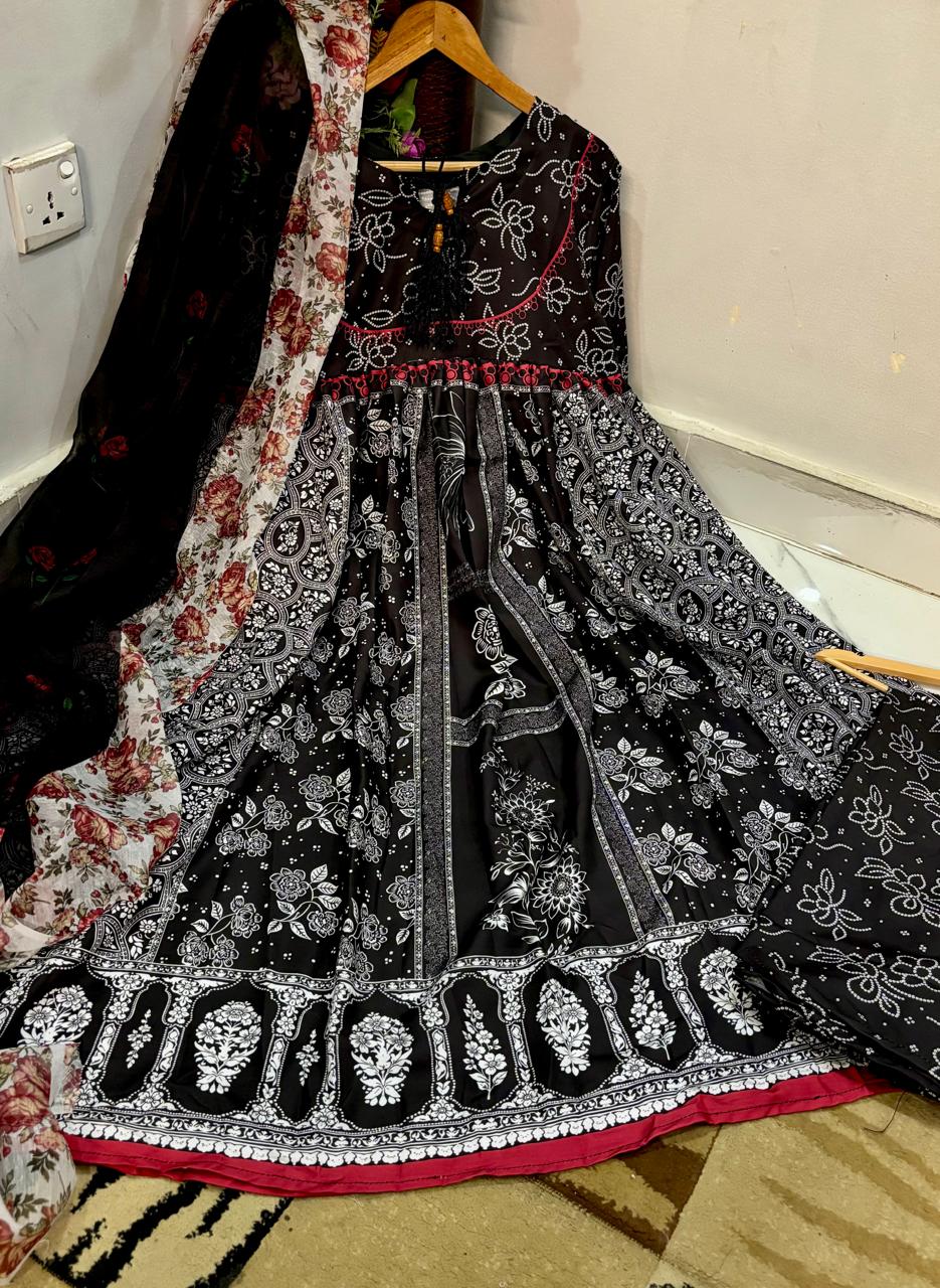 Premium Printed Lawn Anarkali Frock with Contrast Dupatta