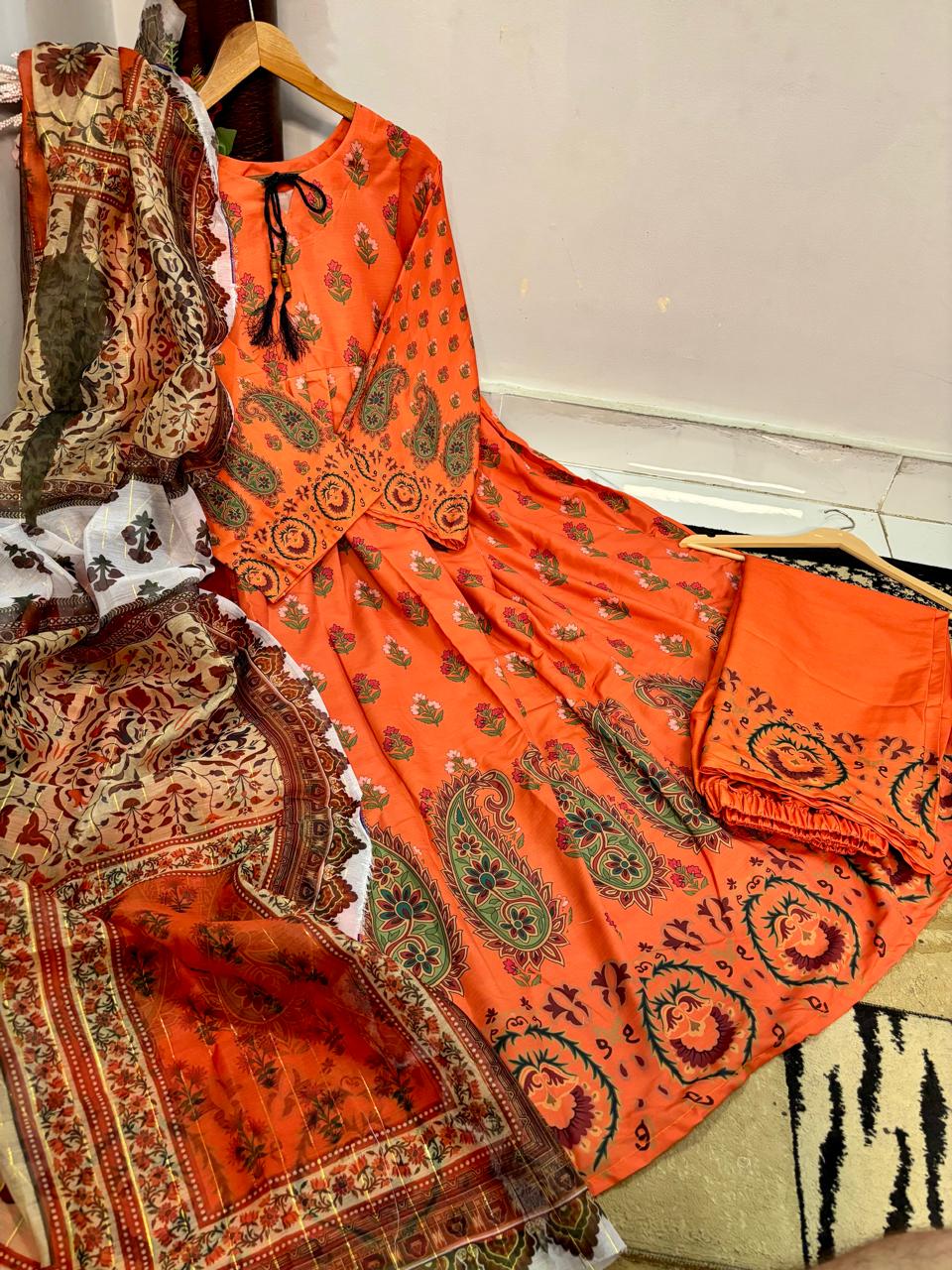 Vibrant Orange Floral Lawn Dress with Printed Dupatta