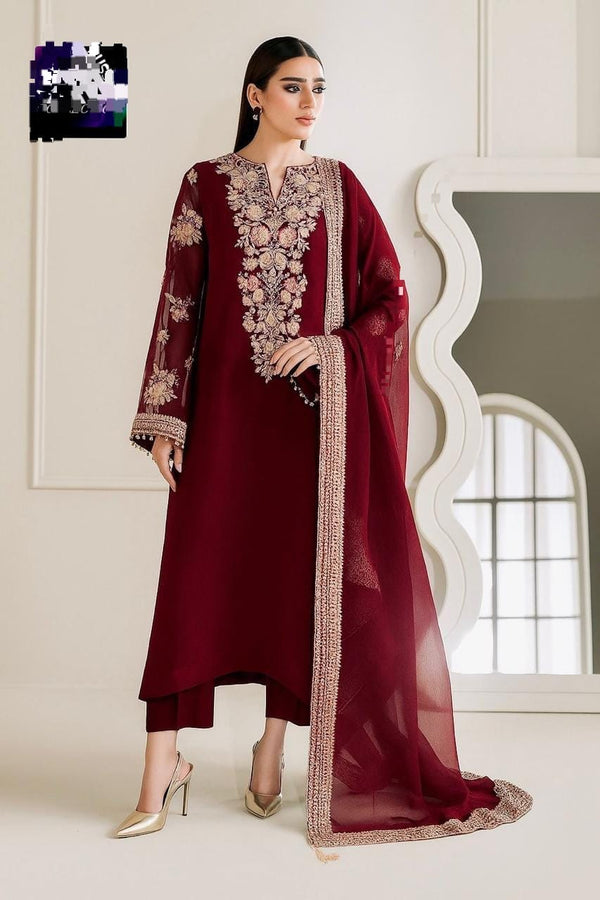 Red 3-Piece Unstitched Embroidered Dress