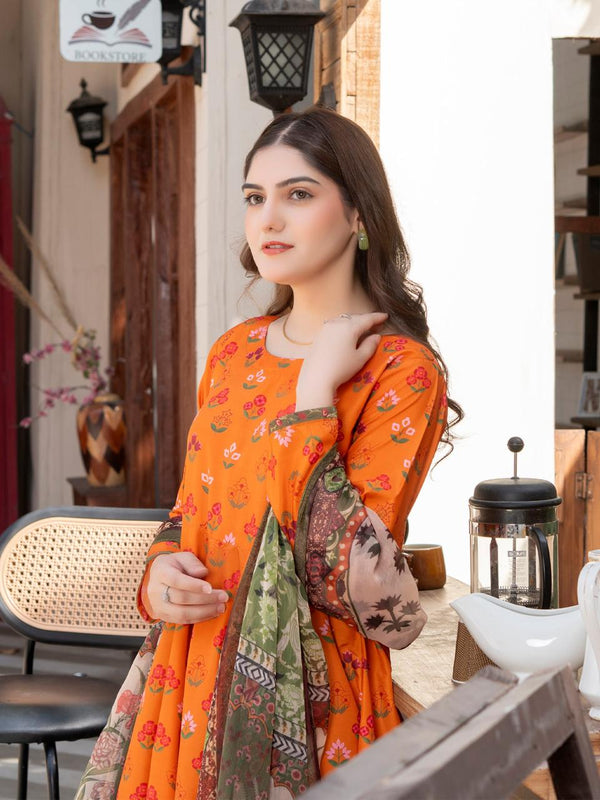Vibrant Orange Floral Lawn Dress with Printed Dupatta