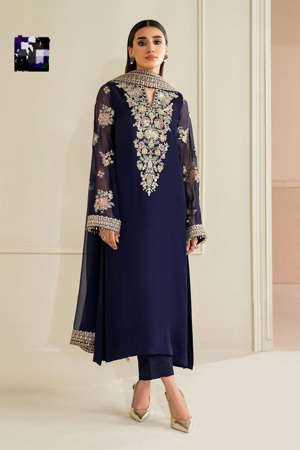Luxury Embroidered Navy Blue 3-Piece Chiffon Suit